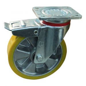 Protempo serie 29-17 zwenk transportwiel plaatbevestiging dubbele rem naloop stalen gaffel aluminium velg PU band ± 94 shore A 200 mm kogellager 229.206.176.550