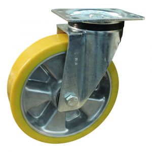 Protempo serie 29-91 zwenk transportwiel plaatbevestiging stalen gaffel aluminium velg PU band ± 94 shore A 250 mm kogellager 229.256.916.060