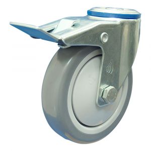 Protempo serie 36-12 zwenk transportwiel boutgat dubbele rem naloop stalen gaffel grijze PP velg grijze PVC band ± 82 shore A 125 mm kogellager 236.126.120.500