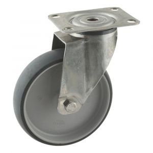 Protempo serie 66-38 zwenk apparatenwiel plaatbevestiging RVS gaffel grijze PA velg TPE band 125 mm glijlager 466.121.386.000