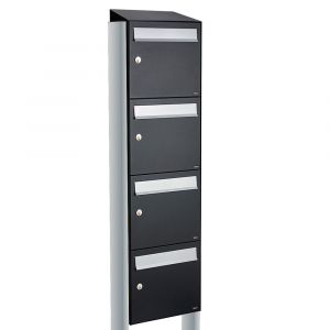 Allux Flow set postkast staal verzinkt gepoedercoat 4-hoog met dak op statief zwart 40040070_1x4ds