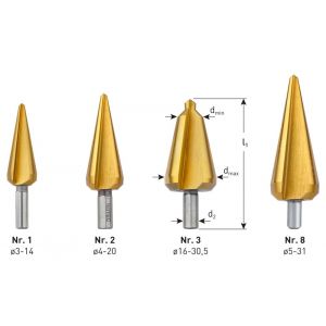 Rotec 420T HSS conische plaatboor Splitpoint nummer 1 3,0-14,0 mm TIN gecoat 420.1001
