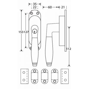 Wallebroek Mi Satori 00.5716.90 krukespagnolet rechts Bonton afsluitbaar messing antiek nikkel-ebben W1600.5716.90