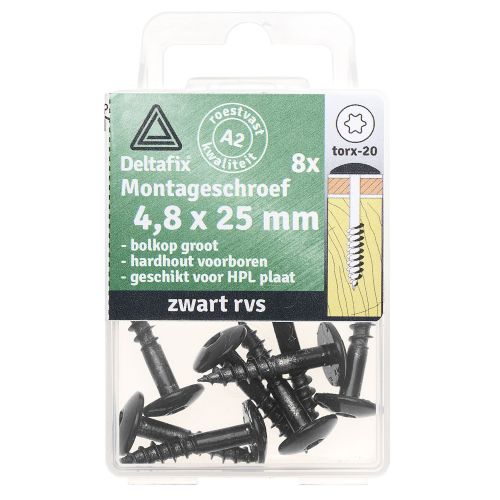 Deltafix montageschroef kleur standaard zwart RVS 4.8x25 mm blister 8 stuks  64151 Y21904573